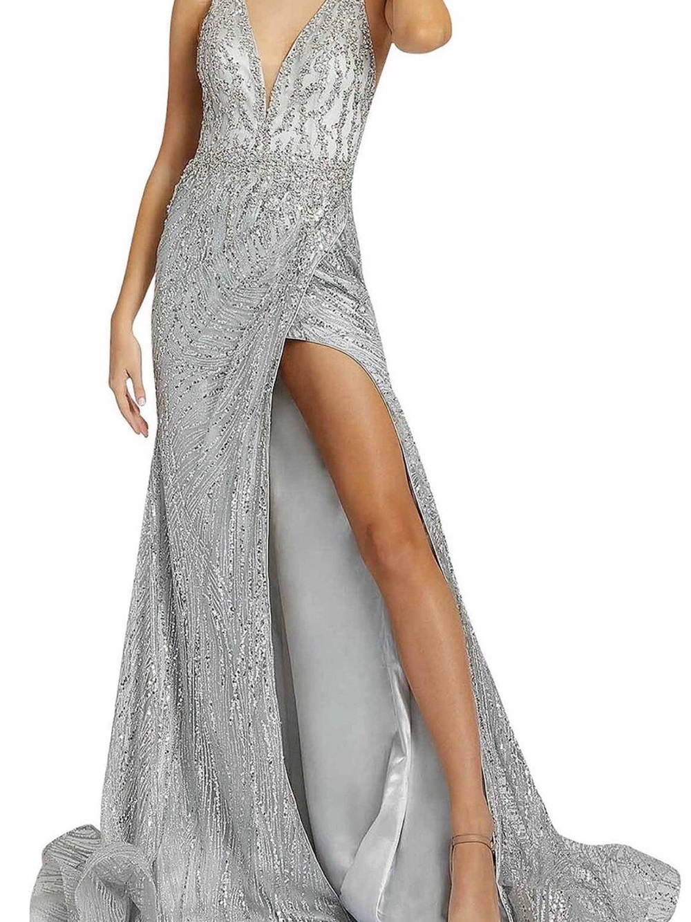 Mac Duggal Silver Beaded Plunge Maxi Gown with High Slit